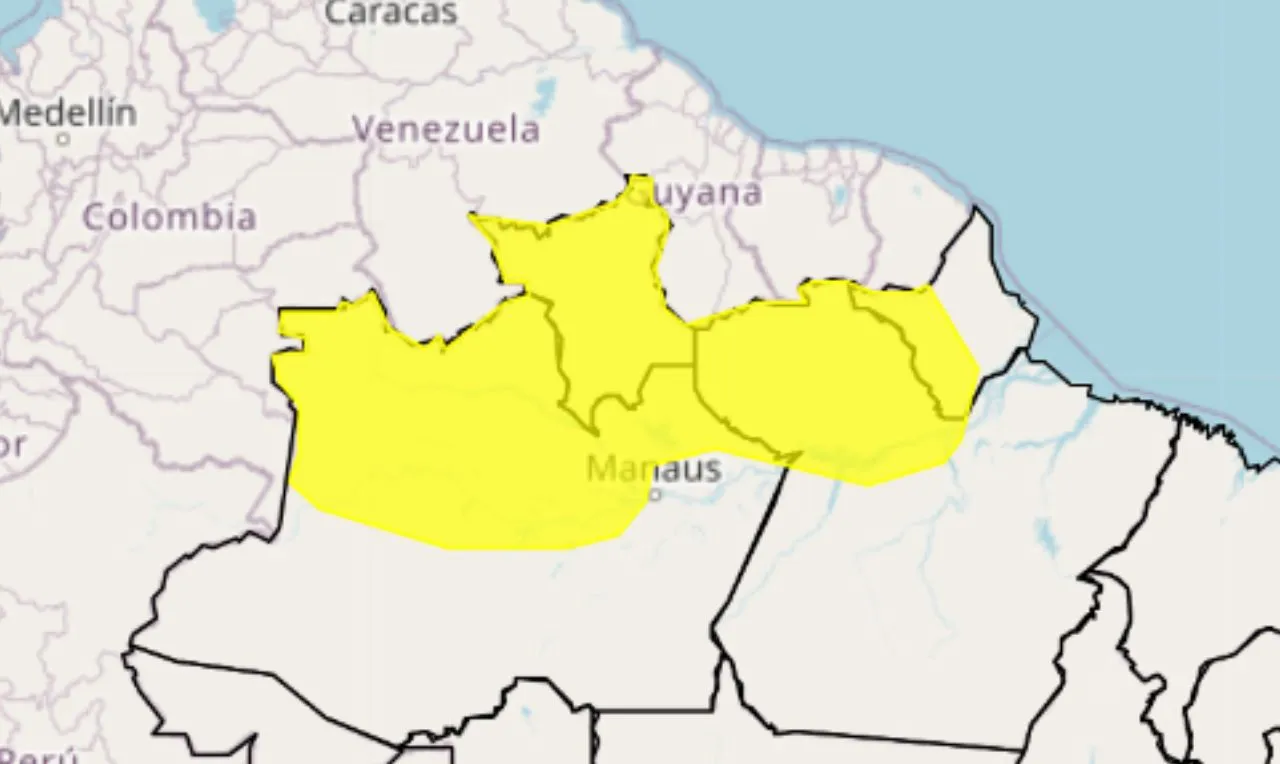 O mapa mostra as áreas em alerta para chuva intensa e ventos na região norte